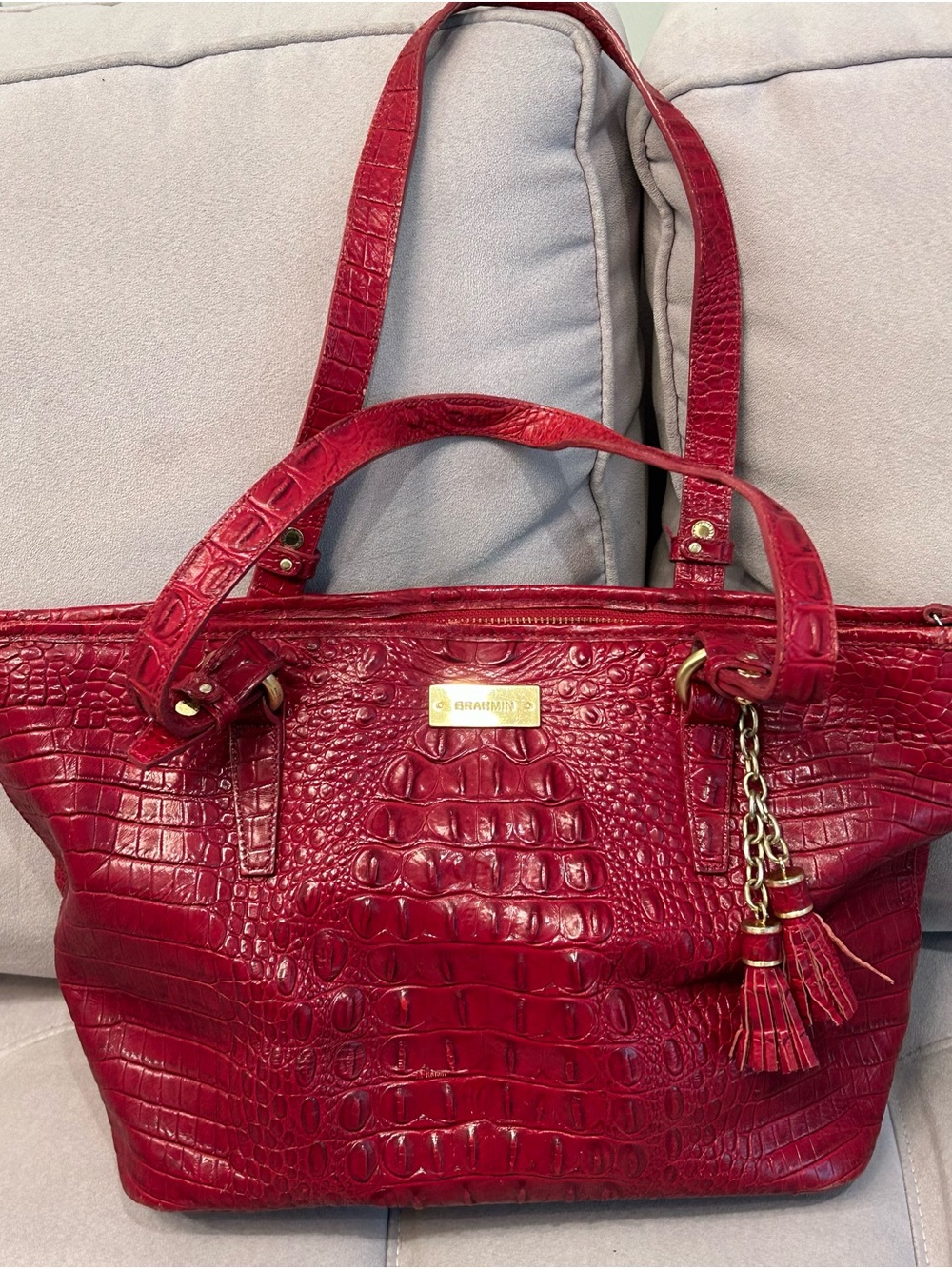 Brahmin Red Croc-Embossed Tote with Tassel Charm